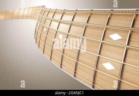 A surreal concept of a wavey shaped closeup of a light wooden guitar neck fretboard and strings in perspective - 3D render Stock Photo