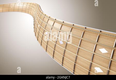 A surreal concept of a wavey shaped closeup of a light wooden guitar neck fretboard and strings in perspective - 3D render Stock Photo