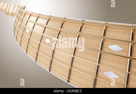 A surreal concept of a wavey shaped closeup of a light wooden guitar neck fretboard and strings in perspective - 3D render Stock Photo