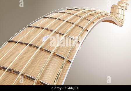 A surreal concept of a wavey shaped closeup of a light wooden guitar neck fretboard and strings in perspective - 3D render Stock Photo