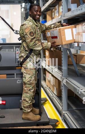 Staff Sergeant Salem Dogbe, a member of the Alaska Air National Guard, is a part of the Individual Equipment Element, Logistics Readiness Squadron, 168th Wing, Eielson Air Force Base, Alaska, June 6th, 2021. SSgt Dogbe and LRS are tasked with ensuring the Airmen of the 168th Wing are supplied with the equipment and clothing they require for mission success, especially in the arctic environment of Alaska. Stock Photo