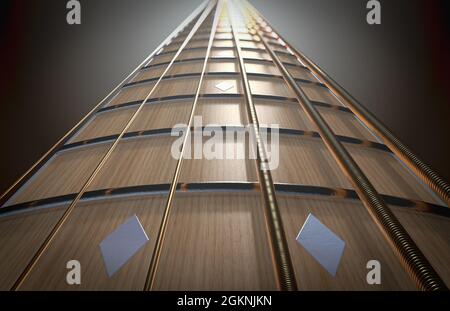 A concept of a closeup of a light wooden guitar neck fretboard and strings in perspective - 3D render Stock Photo