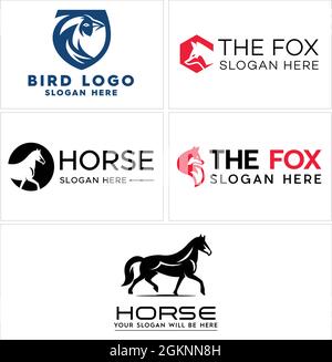 Pet shop veterinarian animal horse fox and bird logo design Stock Vector