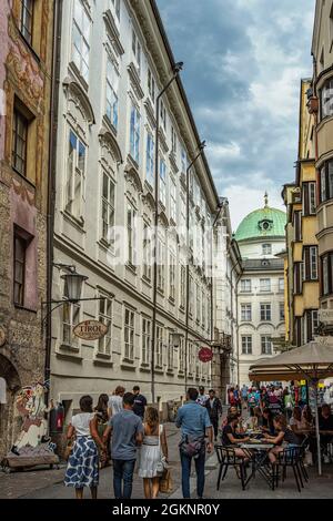 The emperor's summer residence seen from the narrow alleys of the old town of Innsbruck. Innsbruck, Tyrol, Austria, Europe Stock Photo