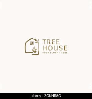 flat TREE HOUSE leaves green home Logo design Stock Vector