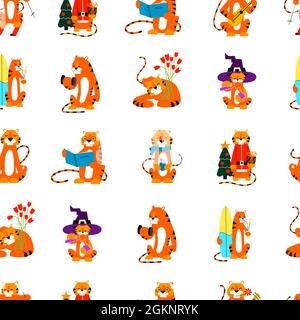 Tiger in cartoon style. Vector seamless pattern with isolated tigers illustrations. Happy New Year 2022. Chinese horoscope. Merry Christmas Stock Vector