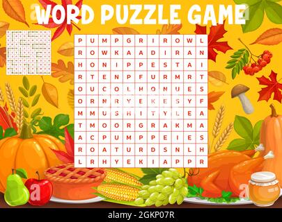 Autumn leaves and Thanksgiving meals, word search puzzle game worksheet. Kids quiz grid for words search in Thanksgiving pumpkin, turkey and apple pie, maple leaf anf oak acorn with corn and honey Stock Vector