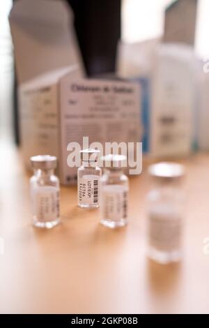 France, Brittany, Dinan. 15th September 2021. Vials of the Covid – 19 Astra Zeneca vaccine in Dina, Brittany. Stock Photo