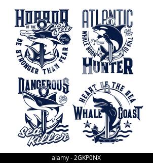 Tshirt prints with ocean animals killer whale, hammerhead shark and anchors. Vector mascots for fishing or marine club with sea predators. Adventure team prints with typography on white background Stock Vector