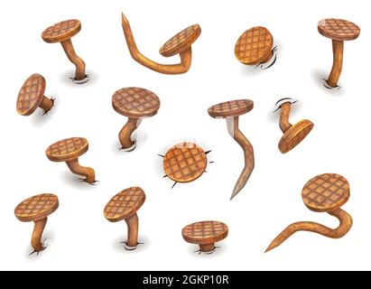 Cartoon isolated rusty bent nails and hobnails, vector icons. Nails bent by hammer with iron heads, old pins or spikes with rust, crooked or broken and curved with sharp edges Stock Vector