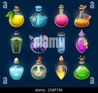 Halloween witchcraft, potion and poison cartoon bottles, phials and flasks, vector. Magic potion and witch elixir in crystal glass jars with love potion, energy power spell, magic fire and death skull Stock Vector