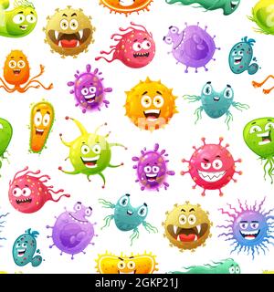 Seamless pattern with cartoon viruses, microbes, germs and bacteria, vector background. Funny microorganisms monsters and disease slime parasites with silly faces, cute medical viruses pattern Stock Vector