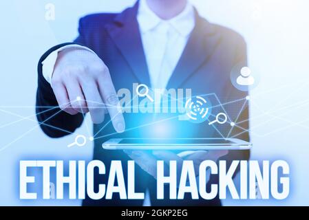 Sign displaying Ethical Hacking. Internet Concept act of locating weaknesses and vulnerabilities of computer Lady In Suit Pointing On Tablet Showing Stock Photo