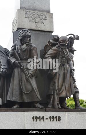 Monument to Czechoslovak Legions designed by Czech sculptor Josef Mařatka (1932) in Nové Město (New Town) in Prague, Czech Republic. Czechoslovak Legionary in Siberia, Russia, wearing winter uniform with the traditional papakha (Russian winter hat) and holding the Mosin Nagant is depicted in the foreground. Stock Photo