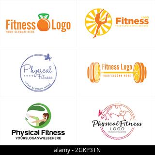 Physical fitness orange fruit healthy food logo design Stock Vector