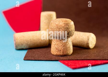 wine corks close-up on different backgrounds. Stock Photo