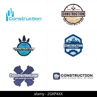 Construction carpentry wood building logo design Stock Vector