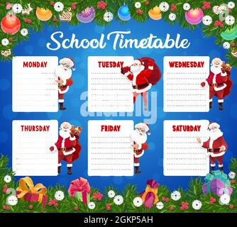 Child Christmas school timetable, kids lessons schedule with Santa and holiday decorations. Children winter holiday planner template. Santa character with gifts, Christmas tree toys cartoon vector Stock Vector