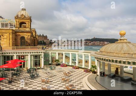 Coastal view across South Bay from the Sun Court at Scarborough Spa towards Castle Hill in Scarborough  England. Stock Photo