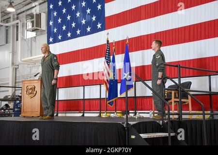 Maj. Gen. Brian Borgen, left, a former commander of the 442d Fighter Wing, officiates the general officer flag unfurling ceremony to mark the promotion of Brig. Gen. Mike Schultz, the current 442 FW commander, June 11, 2021, in the 5-Bay hangar on Whiteman Air Force Base, Mo. Schultz served under Borgen as the commander of the 476th Fighter Group at Moody Air Force Base when Borgen led the 442 FW, and again as 442 FW commander when Borgen helmed 10th Air Force. Stock Photo