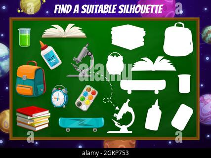 Find suitable school item, game worksheet with stationery, school board and galaxy space planets, vector. Kids puzzle game to find correct silhouette shadow of schoolbag, skateboard and books Stock Vector