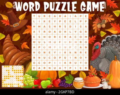 Thanksgiving turkey, harvest and autumnal leaves, word search puzzle, vector game worksheet. Kids quiz grid to find words of Thanksgiving pumpkin and cornucopia, acorns and maple leaf with apple pie Stock Vector