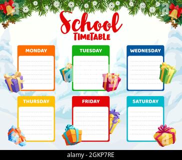 Children school timetable template with Christmas gifts. Kids lessons weekly planner, child daily schedule or calendar. Wrapped and decorated ribbons Stock Vector
