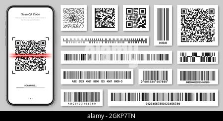 Product barcodes and QR codes. Smartphone application, scanner app. Identification tracking code. Serial number, product ID with digital information Stock Vector