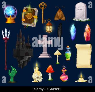Cartoon Halloween game assets, UI characters and interface icons, vector. Halloween computer game GUI skull and magic potion elixir, horror night candle and lantern, witch crystal ball and tombstone Stock Vector