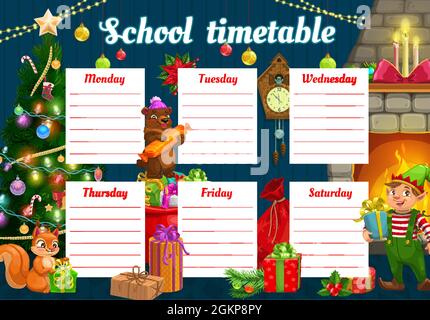 Kids Christmas school timetable with fairytale animals and gifts. Children lesson schedule, child week planner template. Elf, bear and squirrel babies with gifts near Christmas tree cartoon vector Stock Vector