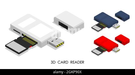 Isometric USB CARD READER. Adapter for connecting external digital media. Realistic 3d vector isolated on white background Stock Vector