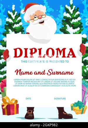 Kids preschool diploma with Santa Claus and gifts. Cartoon vector ...