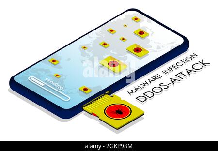 Isometric smartphone with memory card infected digital virus. Infection of mobile devices with malware. Cyber crime. Realistic 3D vector isolated on w Stock Vector