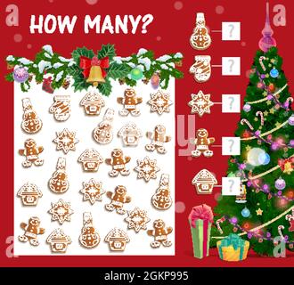 Kids Christmas how many counting game with gingerbread cookies. Man, house and snowman shape gingerbread cookie, gifts boxes and decorated Christmas tree cartoon vector. Child winter holiday math maze Stock Vector