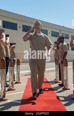 NAVAL AIR STATION NORTH ISLAND (June 11, 2020) Rear Adm. Dave Welch, commander, Carrier Strike Group (CSG) 15, is saluted by the sideboys during CSG 15's change of command ceremony. Stock Photo