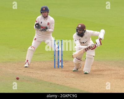 15 September, 2021. London, UK. Alma pushes for four as Surrey take on Essex in the County Championship at the Kia Oval, day three David Rowe/Alamy Live News Stock Photo