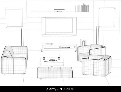 Interior outline with armchairs, sofa, table and TV. Wireframe of the guest room for relaxation. 3D. Vector illustration. Stock Vector