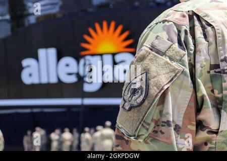 A Soldier with Joint Task Force 17 stands in front of the Allegiant Stadium entrance before vaccination efforts begin, Thursday, June 10, 2021 in Las Vegas, Nevada. Stock Photo