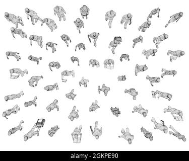 Wireframes of people go, stand in different poses isolated on white background. View from above. 3D. Vector illustration. Stock Vector