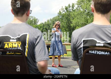 Retired Army Maj. Gen. Deborah Ashenhurst, director of the Ohio Department of Veterans Services, speaks to Ohio Army National Guard future Soldiers during an Army birthday cake cutting ceremony at the VFW Tri-Community Post 4719 in Gahanna, Ohio June 13, 2021. Stock Photo