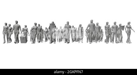 Polygonal people are walking, standing in different poses. Front view. 3D. Vector illustration. Stock Vector
