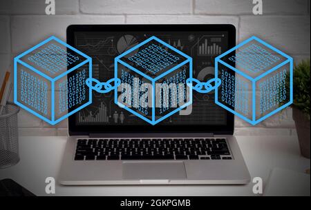 Laptop with digital charts on screen, double exposure, circuit and binary code with blocks of connection Stock Photo
