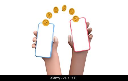 Bitcoin online cryptocurrency trading and payment concept. Person holding a smartphone with blank screen with bitcoin coins. 3D Rendering Stock Photo