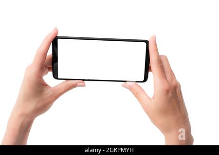 Template of modern smartphone in hands for your design Stock Photo