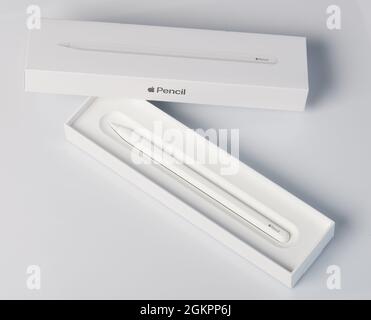 New york, USA - September 3 2021: Apple pencil in box isolated on studio background close up view Stock Photo