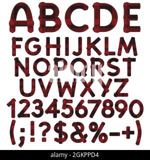 Alphabet, letters, numbers and signs from cloth tartan. Isolated vector objects on white background. Stock Vector