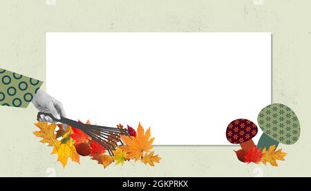 Greeting card design. Minimalism, contemporary art collage. Inspiration, idea, trendy urban magazine style. Autumn mood, beauty and nature concept. Stock Photo