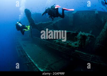 Diver at the MS Zenobia shipwreck. MS Zenobia was a Swedish built Challenger-class RO-RO ferry launched in 1979 that capsized and sank close to Larnac Stock Photo