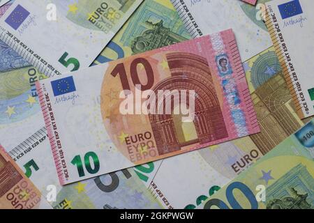 Close up of euro banknotes with the focus on a 10 euro banknote Stock Photo