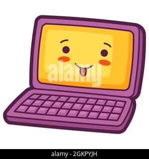Vecteur Stock Computer with keyboard cute kawaii cartoon vector  illustration icon